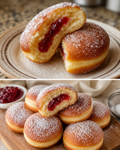 Fluffige German Berliner mit Himbeermarmelade und Puderzucker