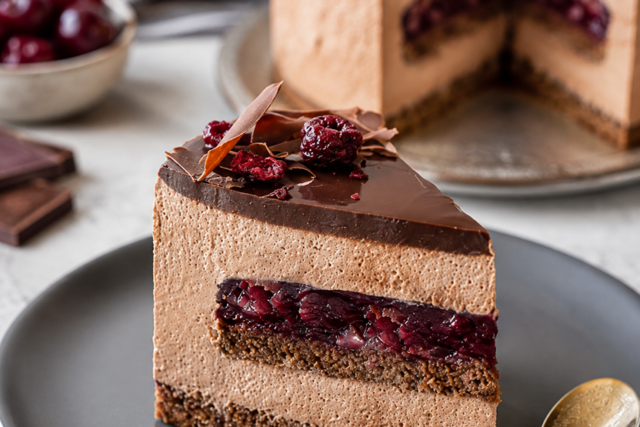 Sour Cherry Chocolate Cake mit Schokoladenmousse und Sauerkirschfüllung
