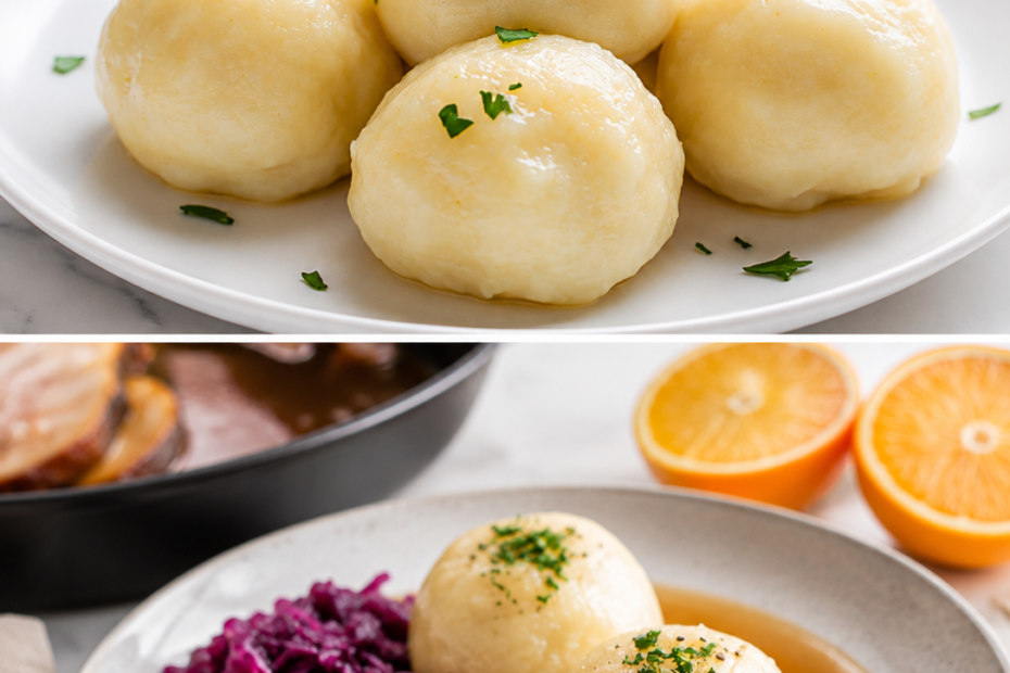 Traditionelle Kartoffelklöße auf einem Teller mit Petersilie und herzhafter Bratensauce.