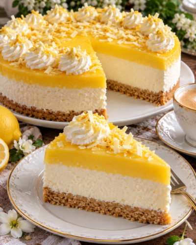 Welfenspeise-Torte mit cremiger Vanillefüllung, gelber Creme und knusprigem Keksboden