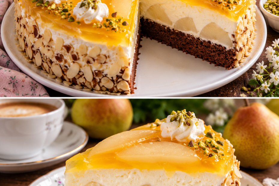 Birnen-Schmand-Torte mit cremiger Schmand-Sahne und Orangenguss