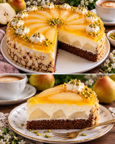Birnen-Schmand-Torte mit cremiger Schmand-Sahne und Orangenguss
