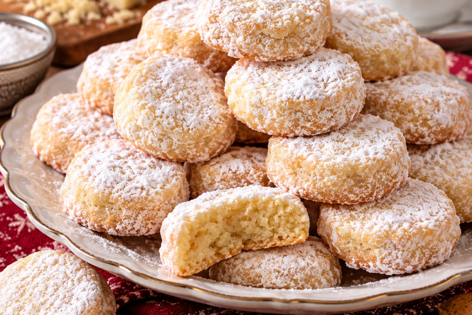 Marzipan-Knöpfe mit Puderzucker auf einem festlich dekorierten Teller