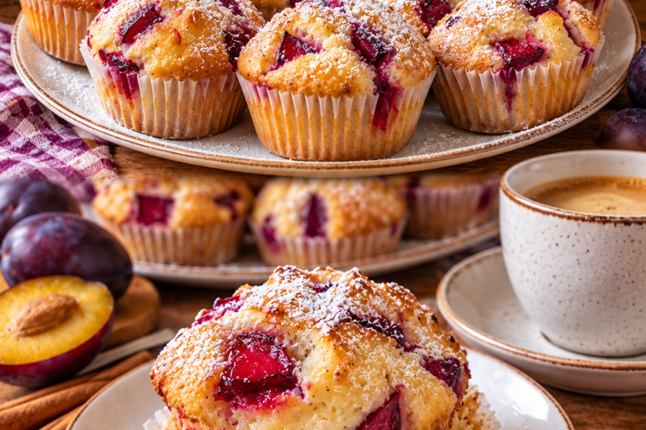 Saftige Pflaumenmuffins mit frischen Pflaumen und Puderzucker