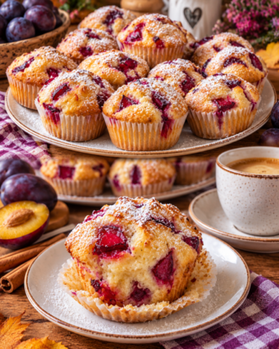 Saftige Pflaumenmuffins mit frischen Pflaumen und Puderzucker