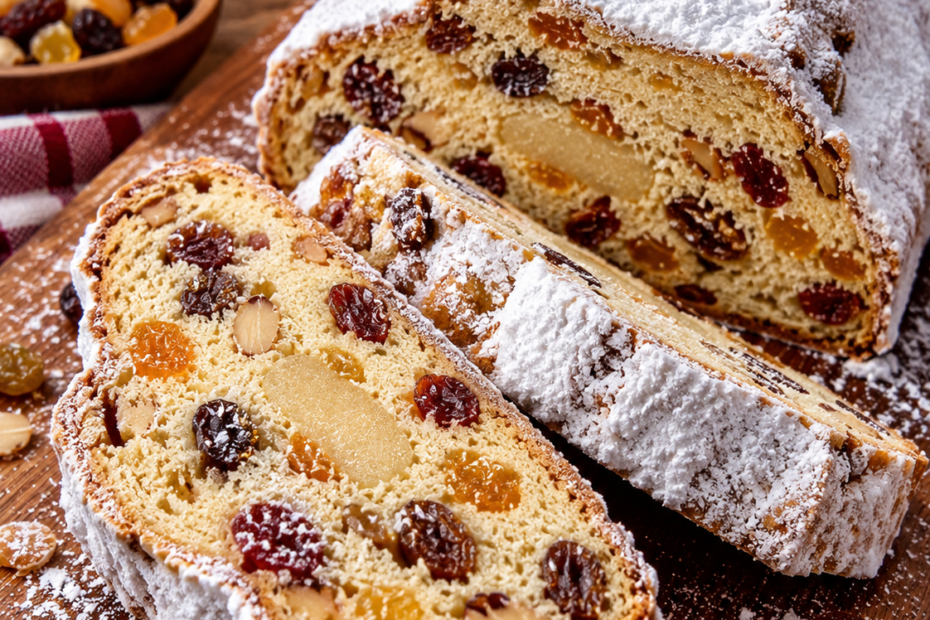 Deutscher Stollen mit Marzipan, Rosinen, Mandeln und Puderzucker