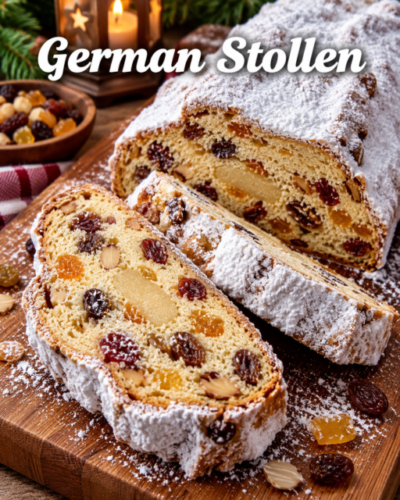 Deutscher Stollen mit Marzipan, Rosinen, Mandeln und Puderzucker