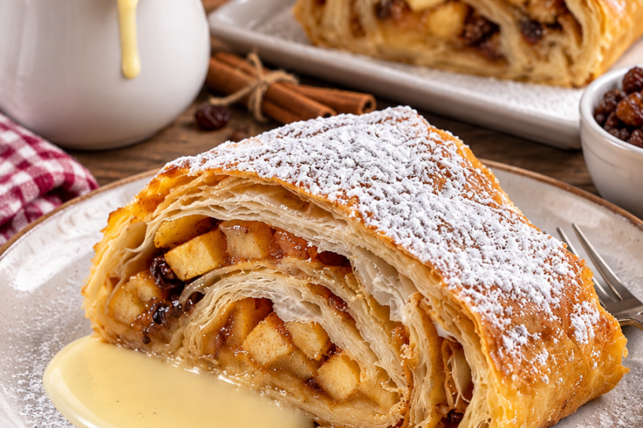 Klassischer Apfelstrudel mit Äpfeln, Rosinen, Zimt und Puderzucker mit Vanillesoße