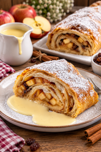 Klassischer Apfelstrudel mit Äpfeln, Rosinen, Zimt und Puderzucker mit Vanillesoße