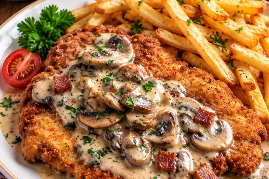 Jägerschnitzel mit knuspriger Panade, cremiger Champignonsoße und Pommes