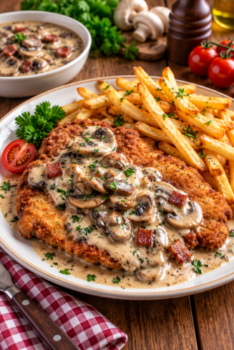 Jägerschnitzel mit knuspriger Panade, cremiger Champignonsoße und Pommes
