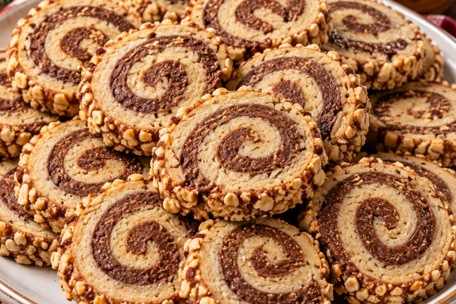 Nusskringel mit Haselnüssen, Zimt und Kakao auf einem Weihnachtsteller