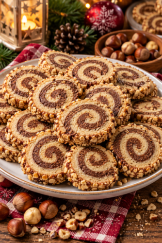 Nusskringel mit Haselnüssen, Zimt und Kakao auf einem Weihnachtsteller
