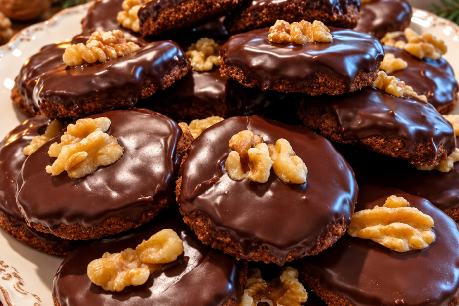 Hausgemachte deutsche Lebkuchen mit Schokoladenglasur und Walnüssen