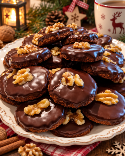 Hausgemachte deutsche Lebkuchen mit Schokoladenglasur und Walnüssen