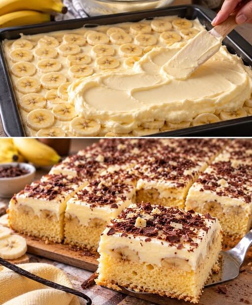Bananen-Vanille-Blechkuchen mit cremiger Vanillecreme und Schokoraspeln
