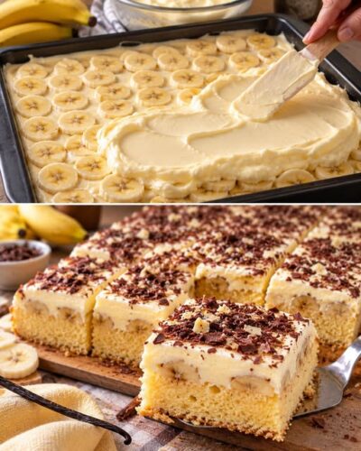 Bananen-Vanille-Blechkuchen mit cremiger Vanillecreme und Schokoraspeln