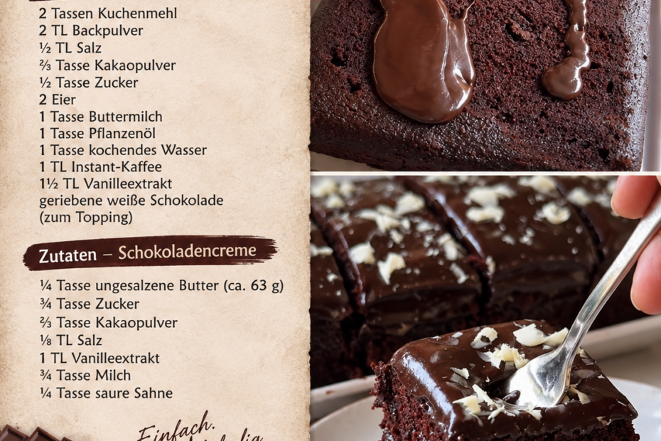 Feuchter Schokoladenkuchen mit glänzender Schokoladencreme und weißer Schokolade