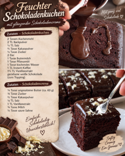 Feuchter Schokoladenkuchen mit glänzender Schokoladencreme und weißer Schokolade