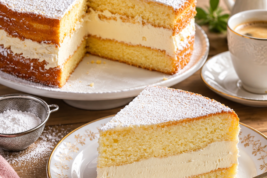 Käsesahnetorte mit luftigem Biskuit, cremiger Joghurtfüllung und Puderzucker