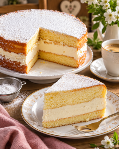 Käsesahnetorte mit luftigem Biskuit, cremiger Joghurtfüllung und Puderzucker