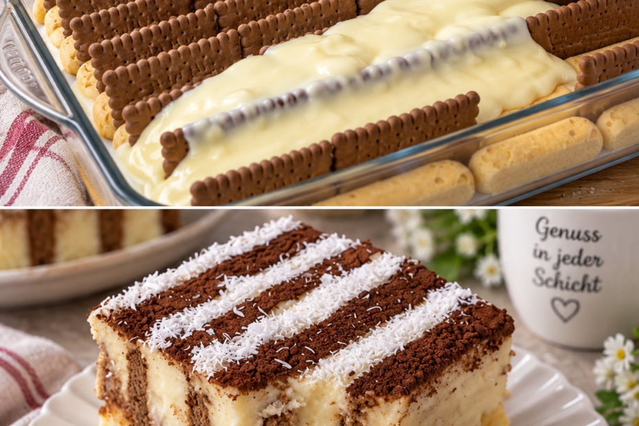 No-Bake-Schokoladenkuchen mit Vanillecreme und Kakaostreifen