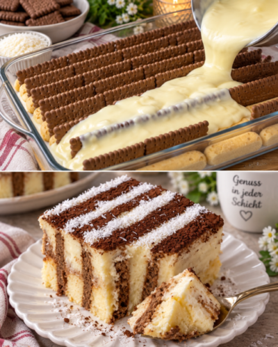 No-Bake-Schokoladenkuchen mit Vanillecreme und Kakaostreifen