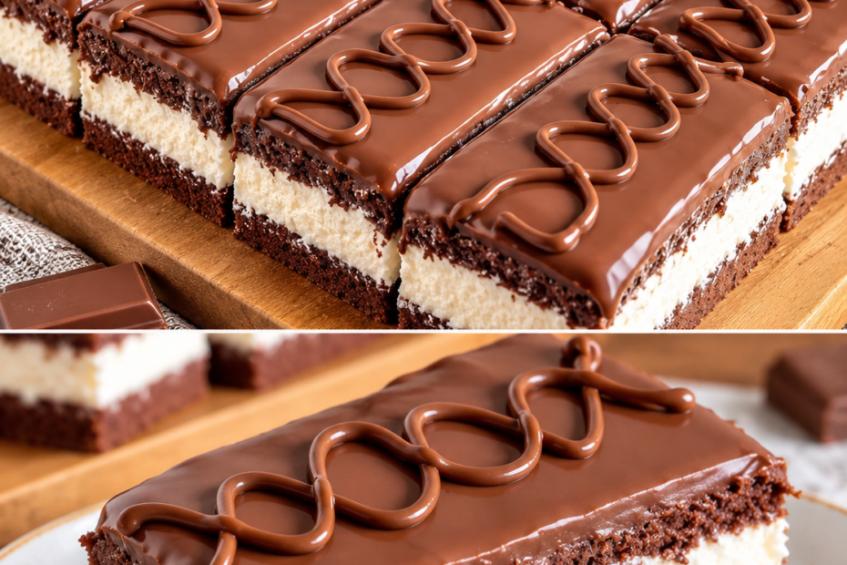 Kinder Délice Kuchen mit Schokoladenboden, Vanillecreme und Schokoladenglasur