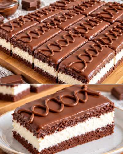 Kinder Délice Kuchen mit Schokoladenboden, Vanillecreme und Schokoladenglasur