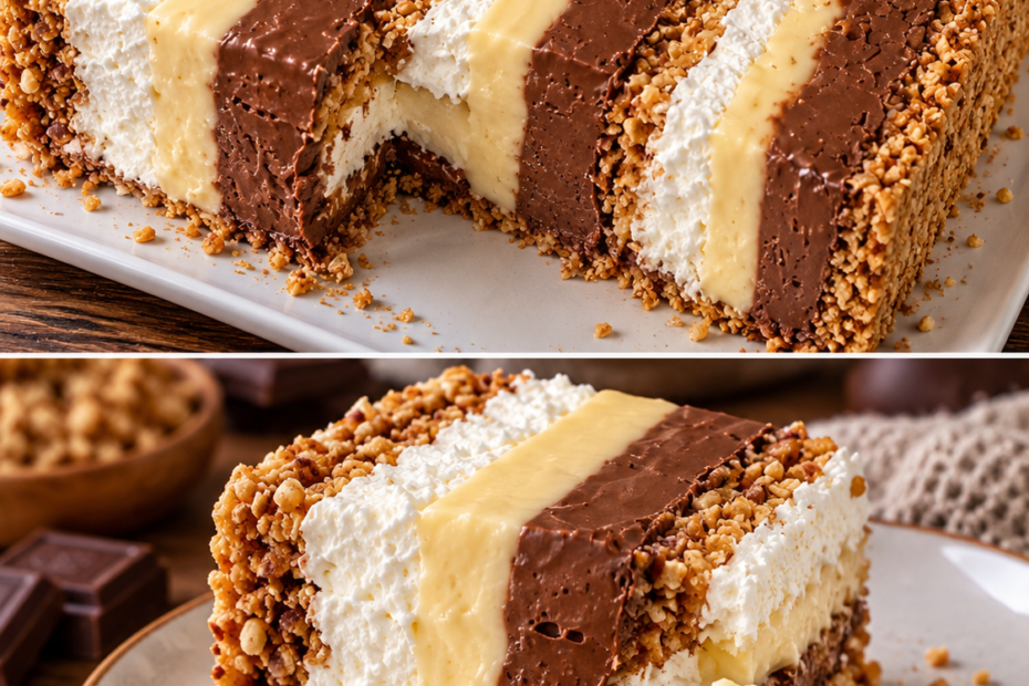 Cremige Plazma-Torte mit vier lockeren Böden aus Plazma-Keksen und Walnüssen, gefüllt mit weißer Schokoladencreme, Haselnuss-Schokoladencreme und leichter Sahnecreme, dekoriert mit Schokolade und gemahlenen Nüssen.