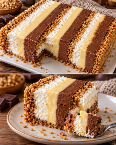 Cremige Plazma-Torte mit vier lockeren Böden aus Plazma-Keksen und Walnüssen, gefüllt mit weißer Schokoladencreme, Haselnuss-Schokoladencreme und leichter Sahnecreme, dekoriert mit Schokolade und gemahlenen Nüssen.
