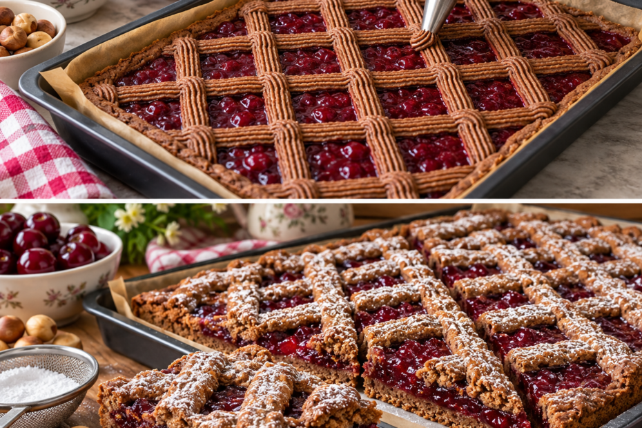 Linzer Schnitten mit Herz, Johannisbeermarmelade, Haselnüssen, Schokolade und Puderzucker.