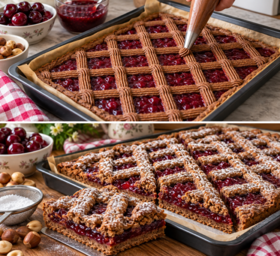 Linzer Schnitten mit Herz, Johannisbeermarmelade, Haselnüssen, Schokolade und Puderzucker.