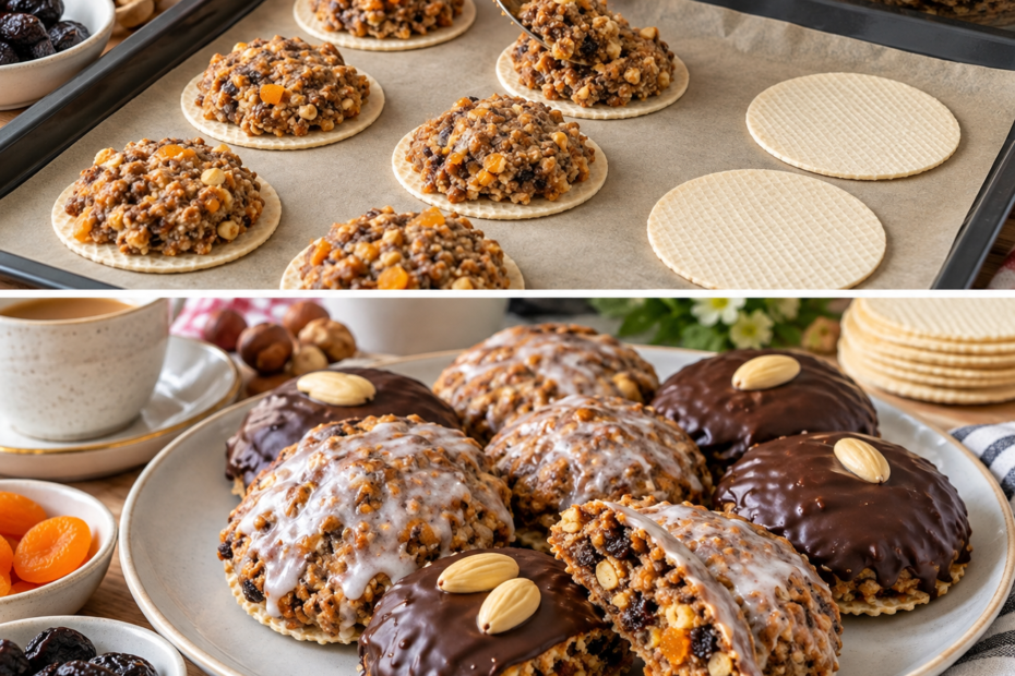 Runde Elisenlebkuchen ohne Mehl mit gemahlenen Mandeln und Haselnüssen, kandierten Zitrusschalen und weihnachtlichen Gewürzen auf Backoblaten.