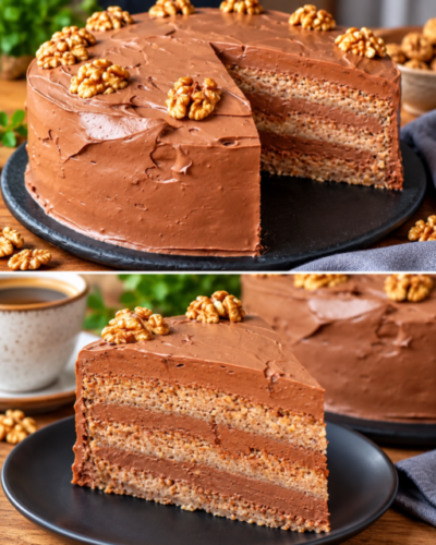 Schokoladentorte mit Walnüssen, saftigen Walnussböden, cremiger Schokoladenfüllung und Schokoladenüberzug, mit Walnusshälften dekoriert.