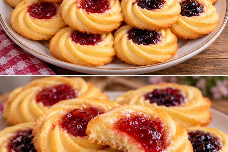 Zarte, spiralförmige Butterplätzchen mit glänzender Erdbeer- und Blaubeerfüllung in der Mitte, auf einem Backblech angerichtet.