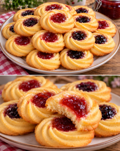 Zarte, spiralförmige Butterplätzchen mit glänzender Erdbeer- und Blaubeerfüllung in der Mitte, auf einem Backblech angerichtet.