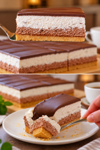 Eskimko-Kuchen mit Schokolade und Stracciatella-Creme, Keksboden und Zartbitterschokoladen-Ganache
